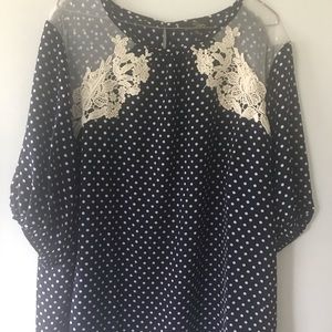 Navy blue polka dot and lace blouse